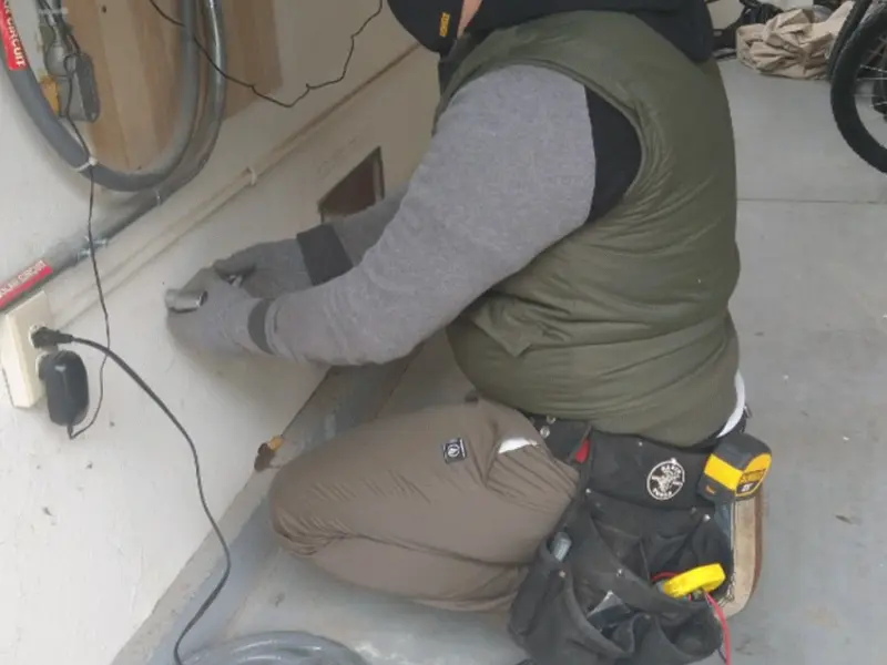 Electrician performing outlet wiring in a Maple Valley garage